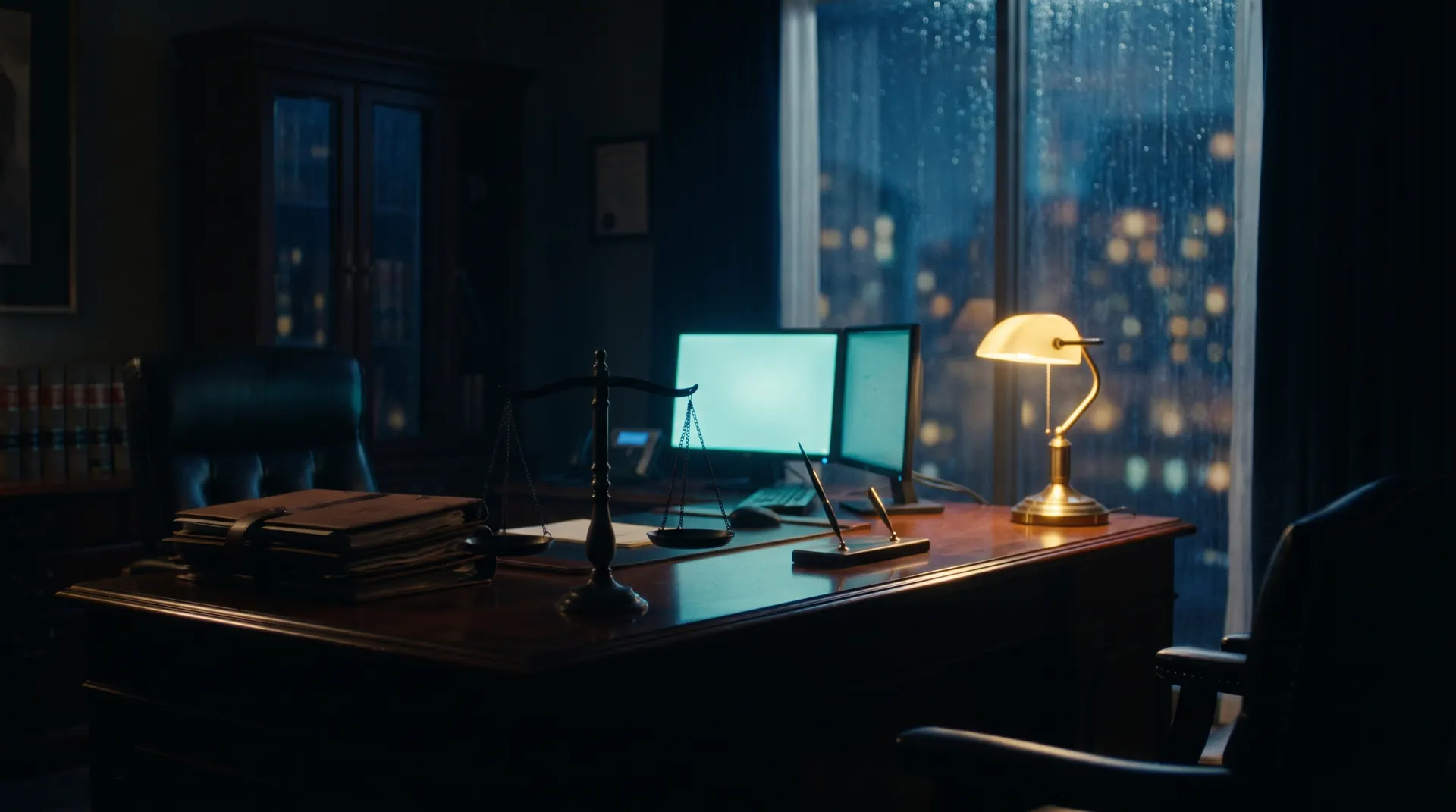 A law office library at dusk, case files and brass scales under lamplight