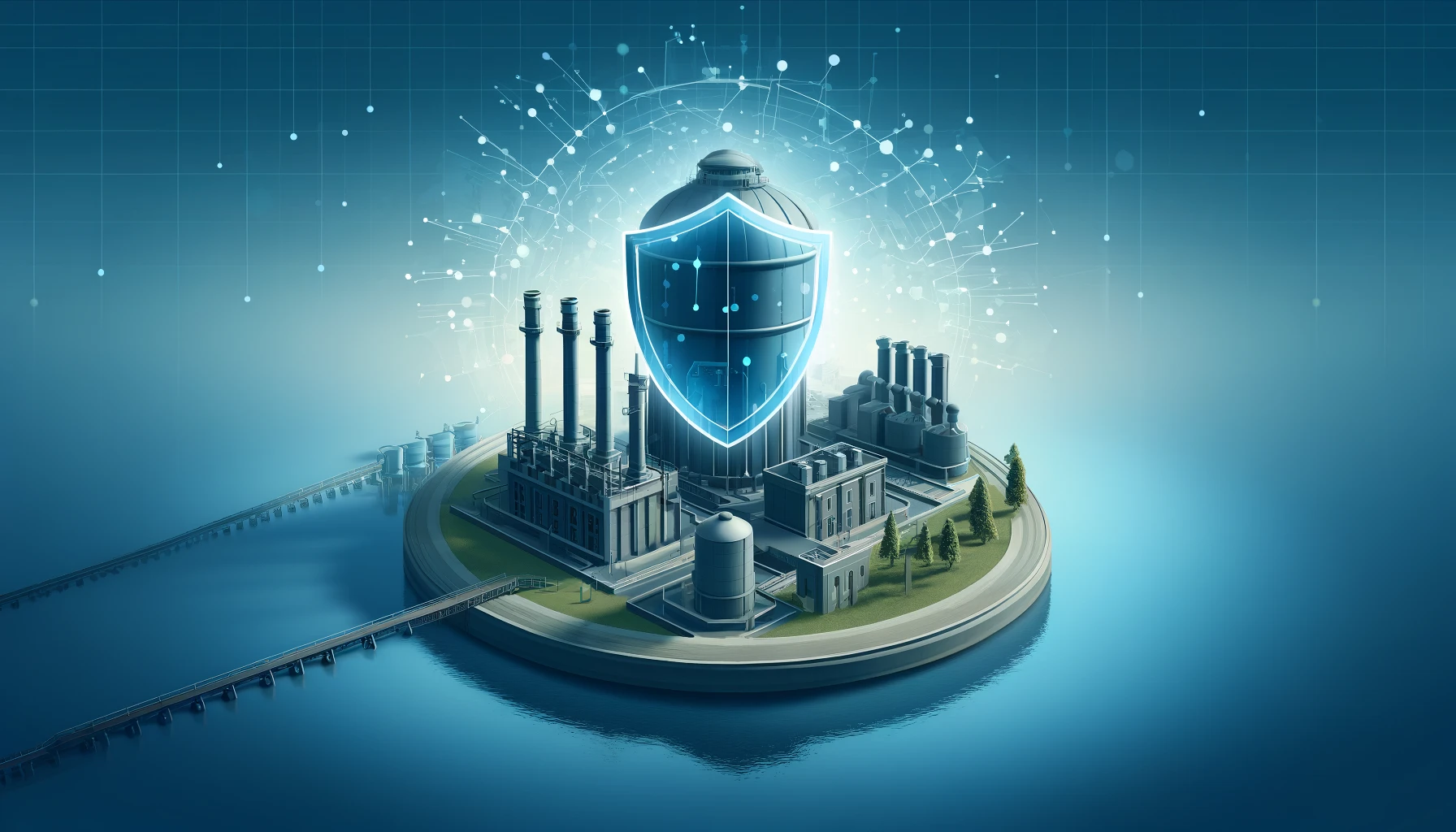 Digital illustration of a water facility protected by Datafying Tech Services' cyber security shield, symbolizing advanced defenses against cyber threats.