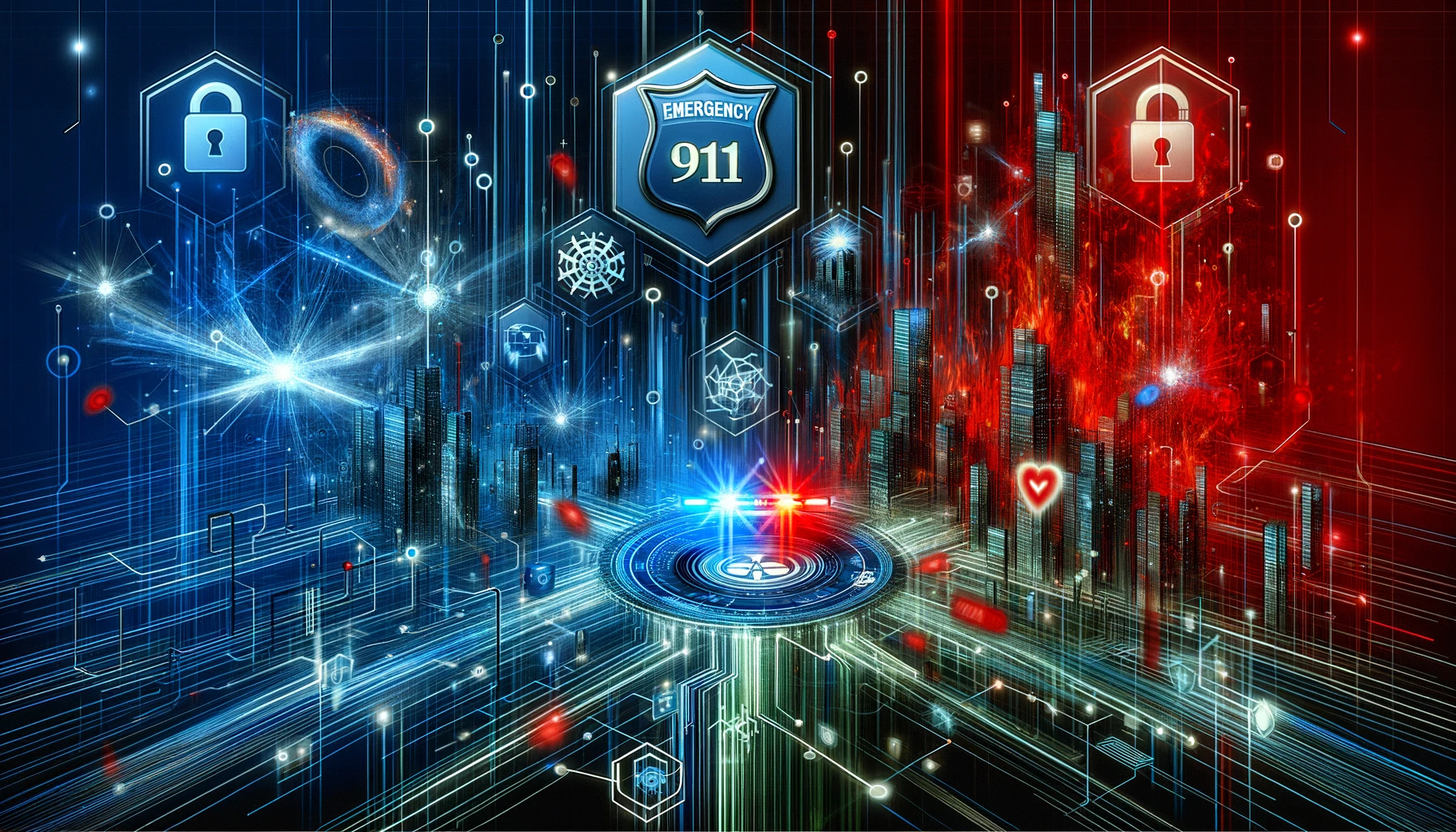 Digital illustration of a 911 emergency system under cyber attack, featuring interconnected nodes, lines of code, and cybersecurity symbols like firewalls and digital locks in blues and reds.