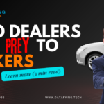 Advertisement for an article titled 'Auto Dealers: Easy Prey to Hackers' featuring a confident salesman standing next to a car, with bold text highlighting the vulnerability of auto dealers to cyber threats.