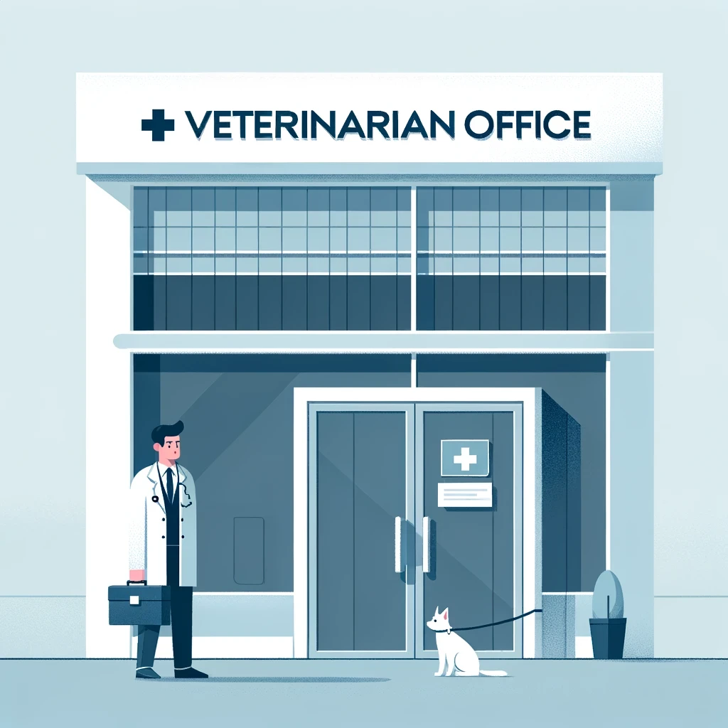 A modern veterinarian office with a doctor waiting in front of the locked door. The building has a contemporary design.