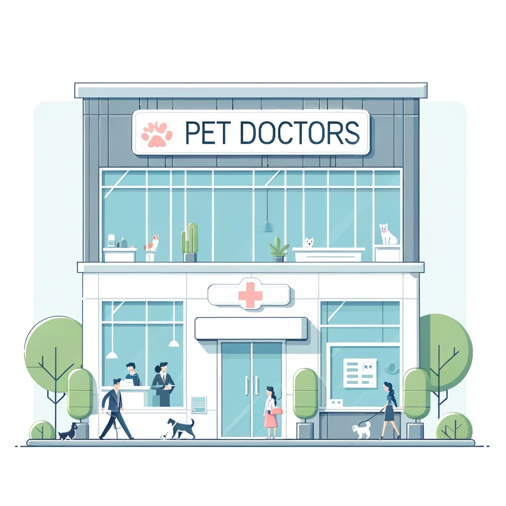 A modern and successful veterinarian office with large windows and people inside, illustrating a bustling veterinary practice.