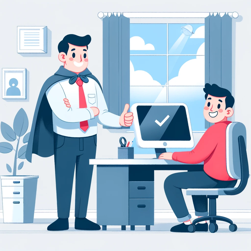 An illustration of a friendly IT guy keeping a watchful eye on a small business while the owner sits at his PC smiling and giving a thumbs up, conveying a sense of security and satisfaction.