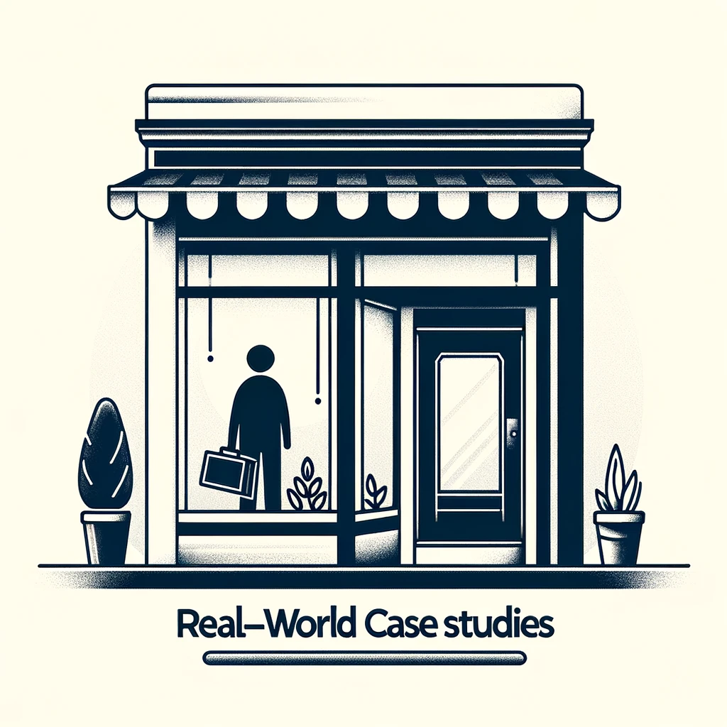 Simple line art illustration of a small business storefront with a shadowy figure looking through the window, symbolizing detailed examination of real-world examples and threats.