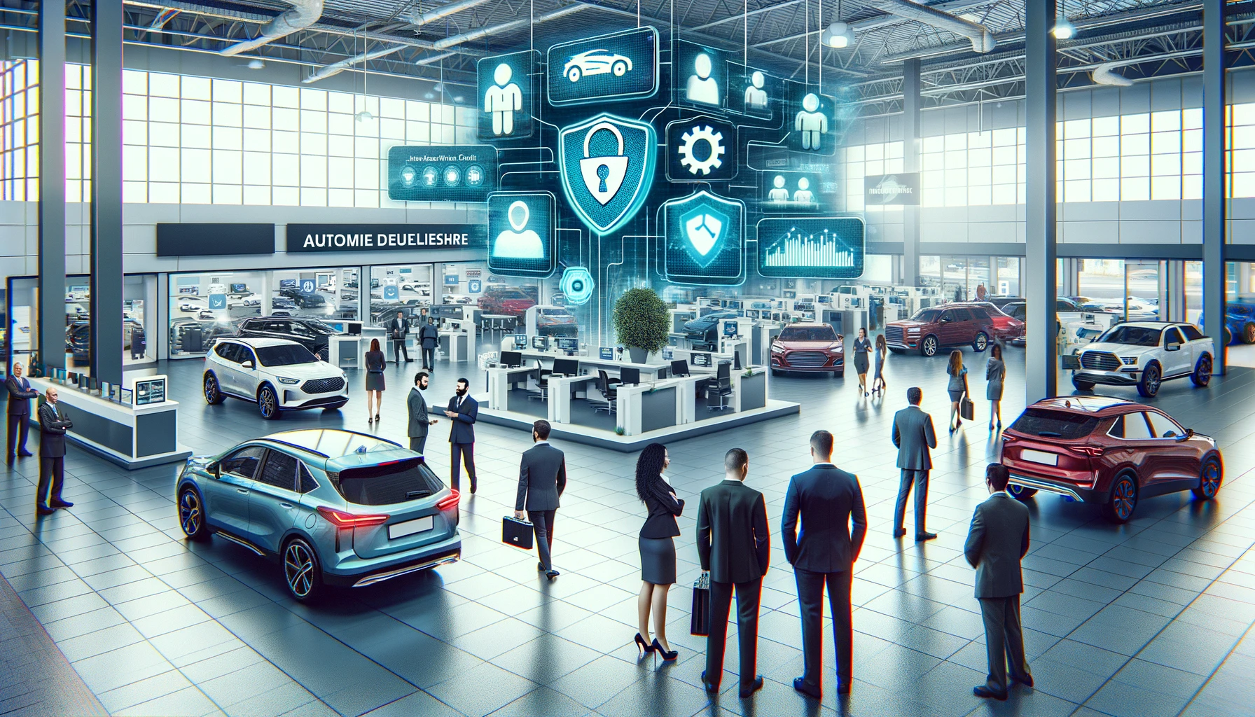 Modern auto dealership with new cars on display, customers interacting with sales staff, and digital screens showcasing cybersecurity measures.