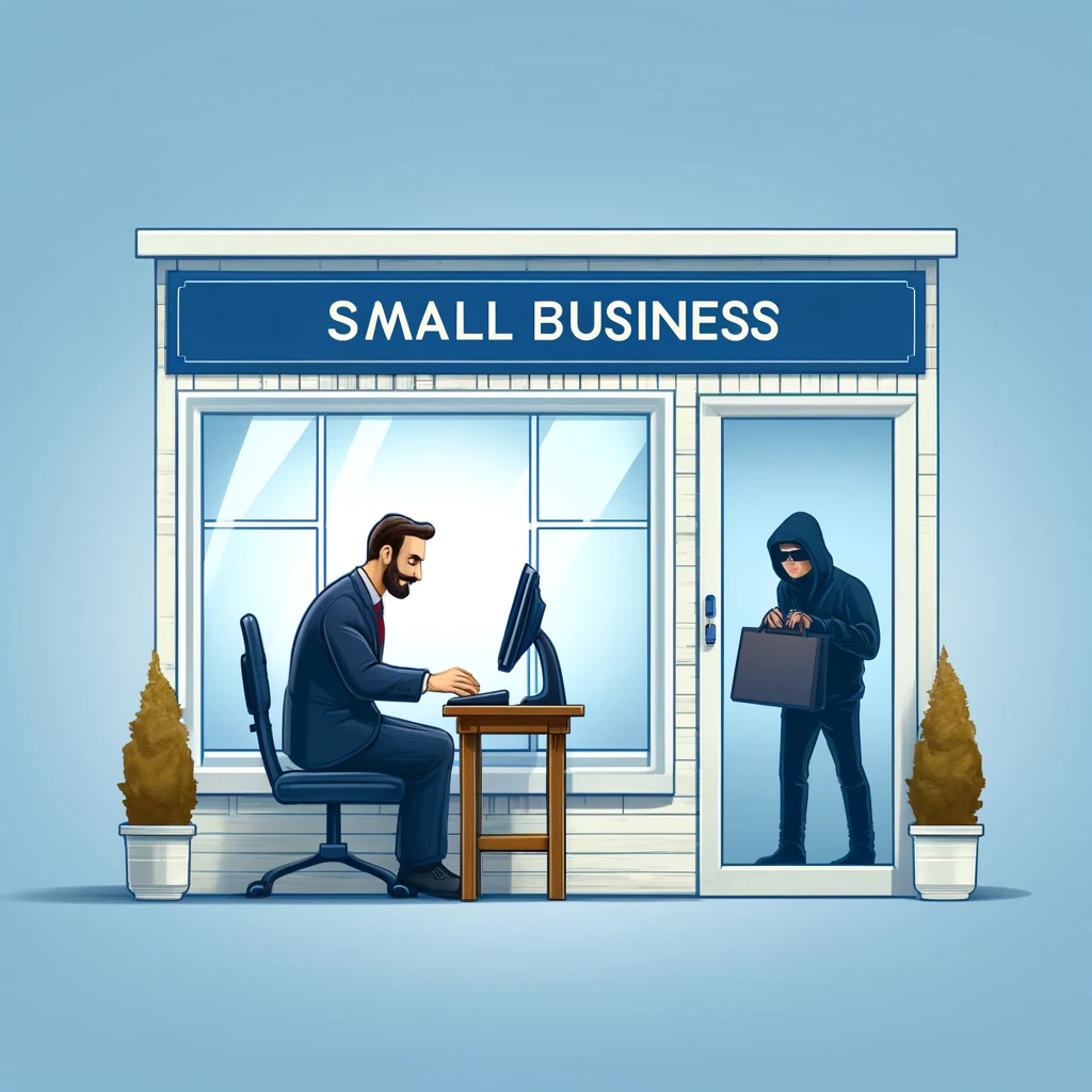 An illustration of a business manager working on a PC inside a small business, noticing a hacker lurking outside the shop, emphasizing the importance of taking steps to eliminate cyber risk.
