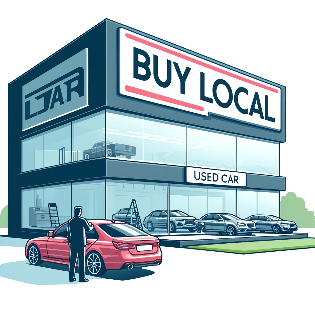 A used car dealership with a 'Buy Local' sign, showcasing an open and thriving business. A manager inspecting a car. Illustrated in a simple, clean line art style.