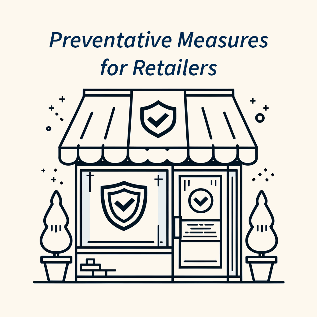 Simple line art illustration of a small business storefront with a shield and a check mark in front, symbolizing security and protection.