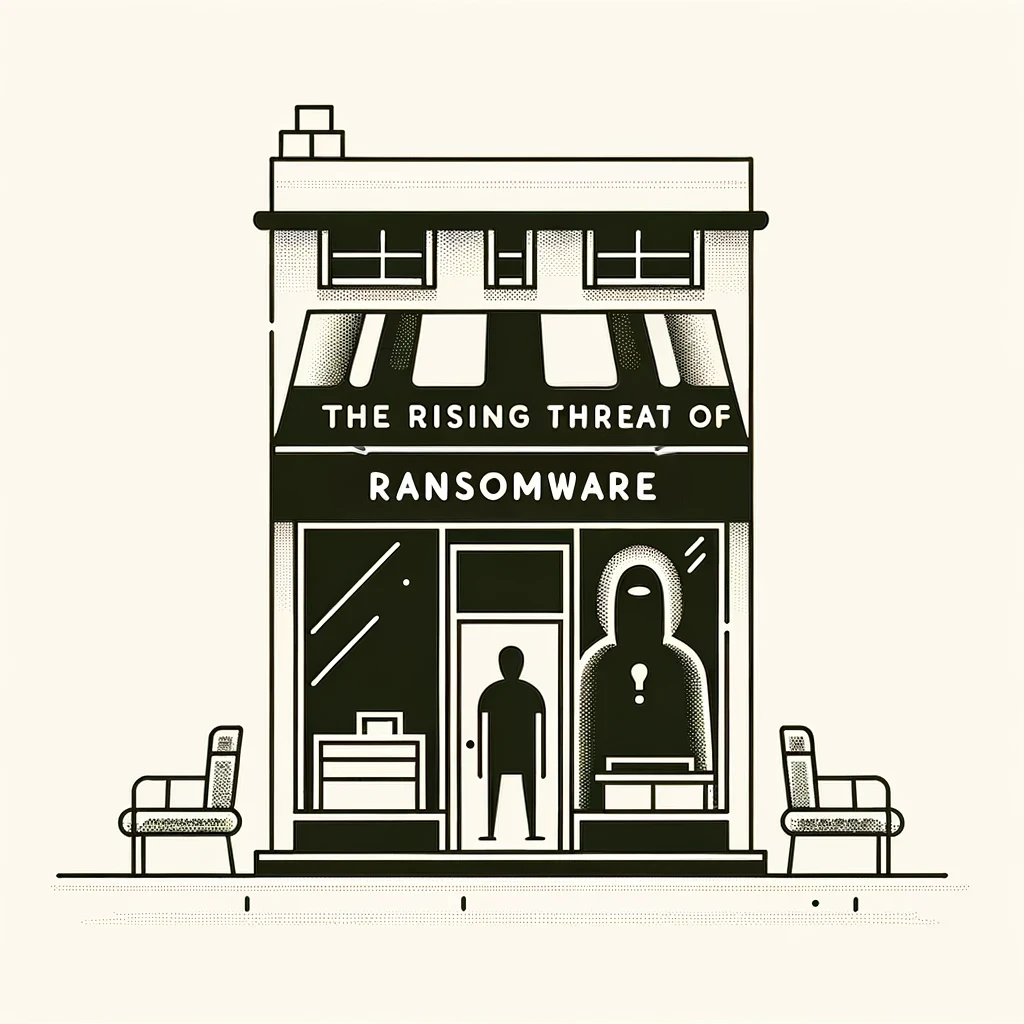 Simple line art illustration of a small business storefront with a shadowy figure in the background, representing the increasing threat of ransomware attacks.
