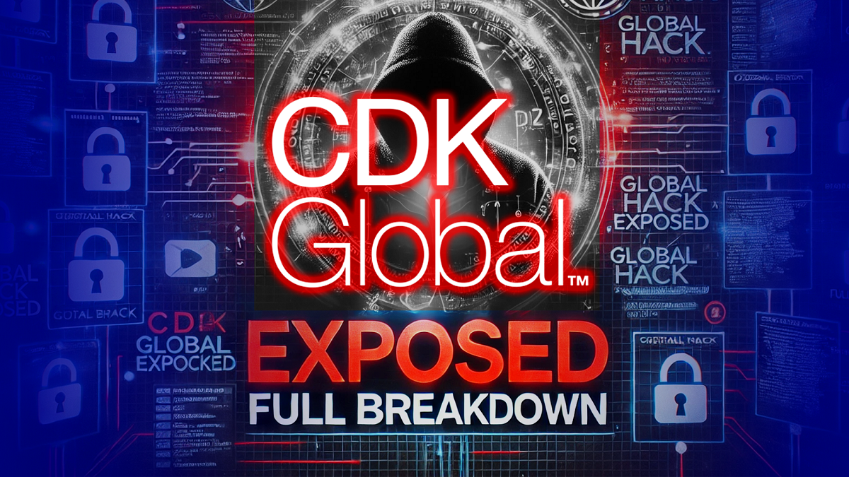 Thumbnail image for a blog post or video showing a shocked woman, the logo of CDK Global, and the word 'HACKED' in large red letters for the CDK Global hack.