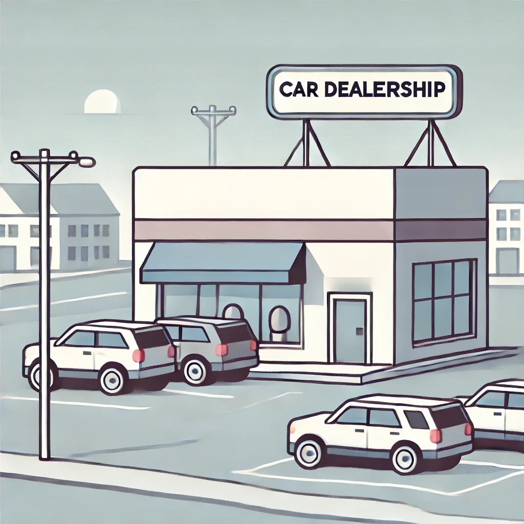A simple vector art illustration of a small town car dealership with the sign 'Dealership'. The dealership has a modern, inviting look with a few cars parked in front for the CDK Global hack of 2024.