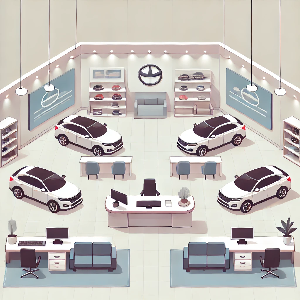 A simple vector art illustration of the inside of a car dealership. The interior features a modern and inviting look with a few cars on display, a reception desk, and several workstations for the article regarding CDK Global hack and attacks.