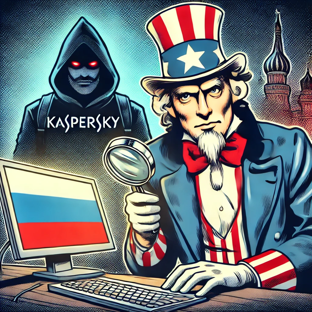 Uncle Sam investigating Kaspersky’s computer with a magnifying glass, symbolizing U.S. government's scrutiny of Kaspersky's ties to Russia. Created for Datafying Tech Services, LLC.