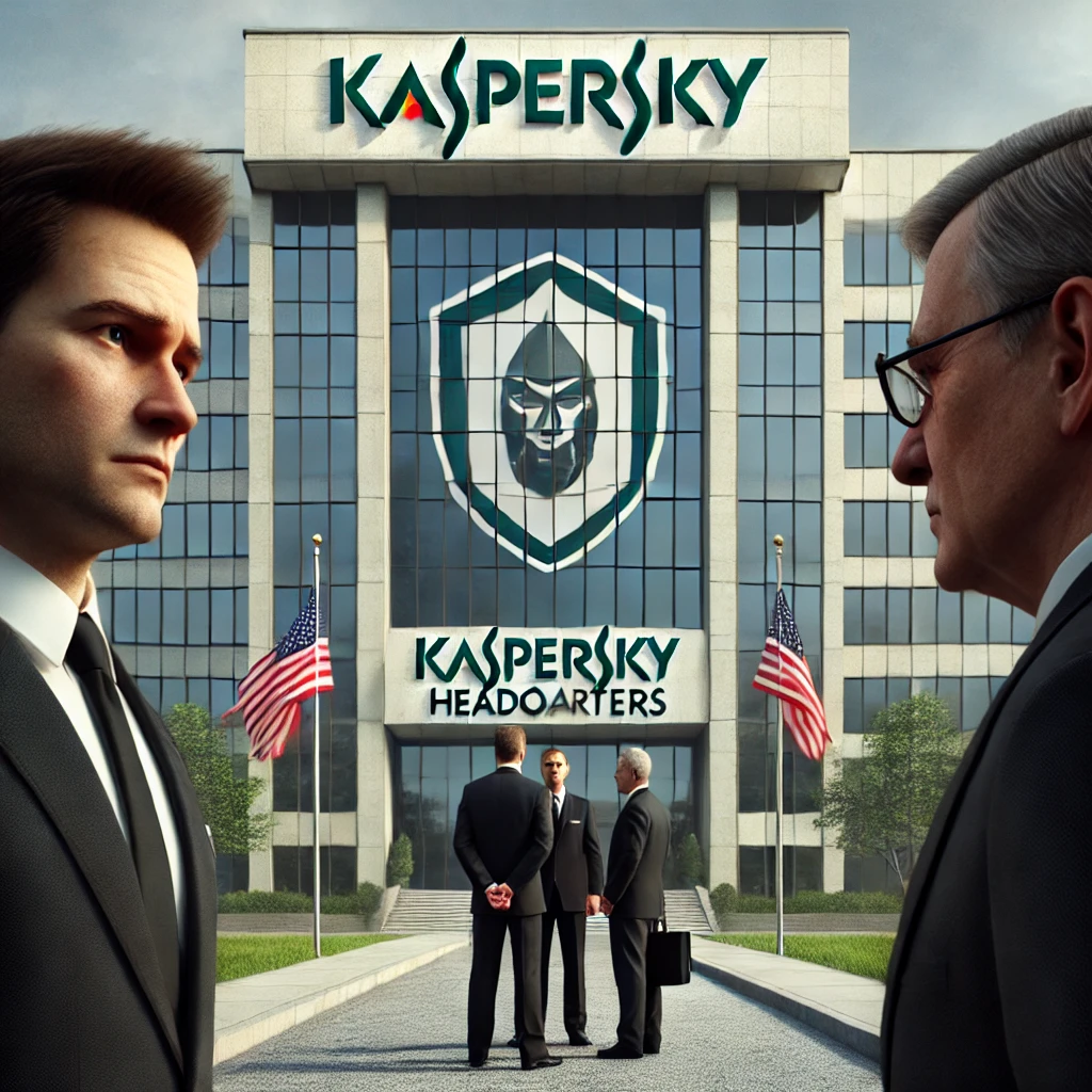 Photorealistic image of Kaspersky headquarters with a Kaspersky employee talking to three U.S. government officials, illustrating the conflict over the Kaspersky ban. Created for Datafying Tech Services, LLC.