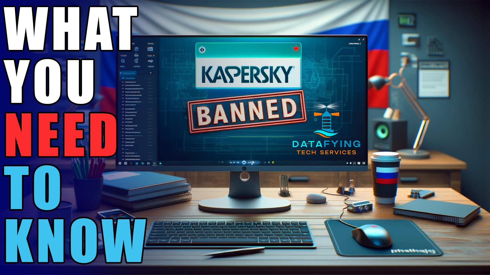 Computer screen showing "Kaspersky Banned" message with a Russian flag in the background, highlighting essential information for small businesses about the Kaspersky ban. Created for Datafying Tech Services, LLC.
