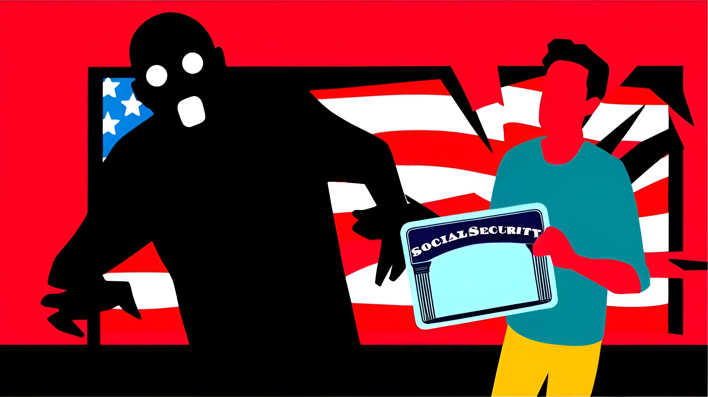 Distressed figure holding a shattered Social Security card with a shadowy figure looming, representing the NPD data breach and its impact on American citizens.