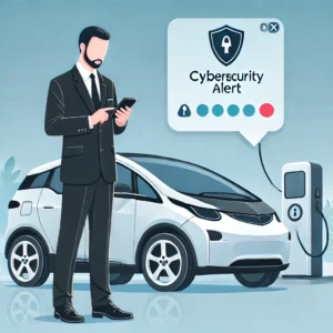 Business owner standing by an electric vehicle, checking their phone with a cybersecurity alert displayed.