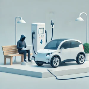 Hacker sitting on a bench near an electric vehicle charging station, using a laptop to exploit vulnerabilities.