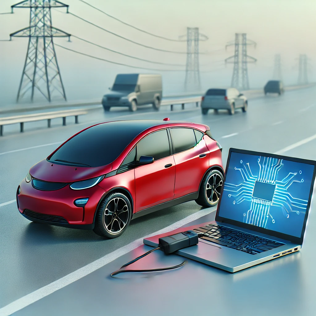 Red electric vehicle parked on the side of a highway with a laptop nearby, symbolizing remote hacking vulnerability.