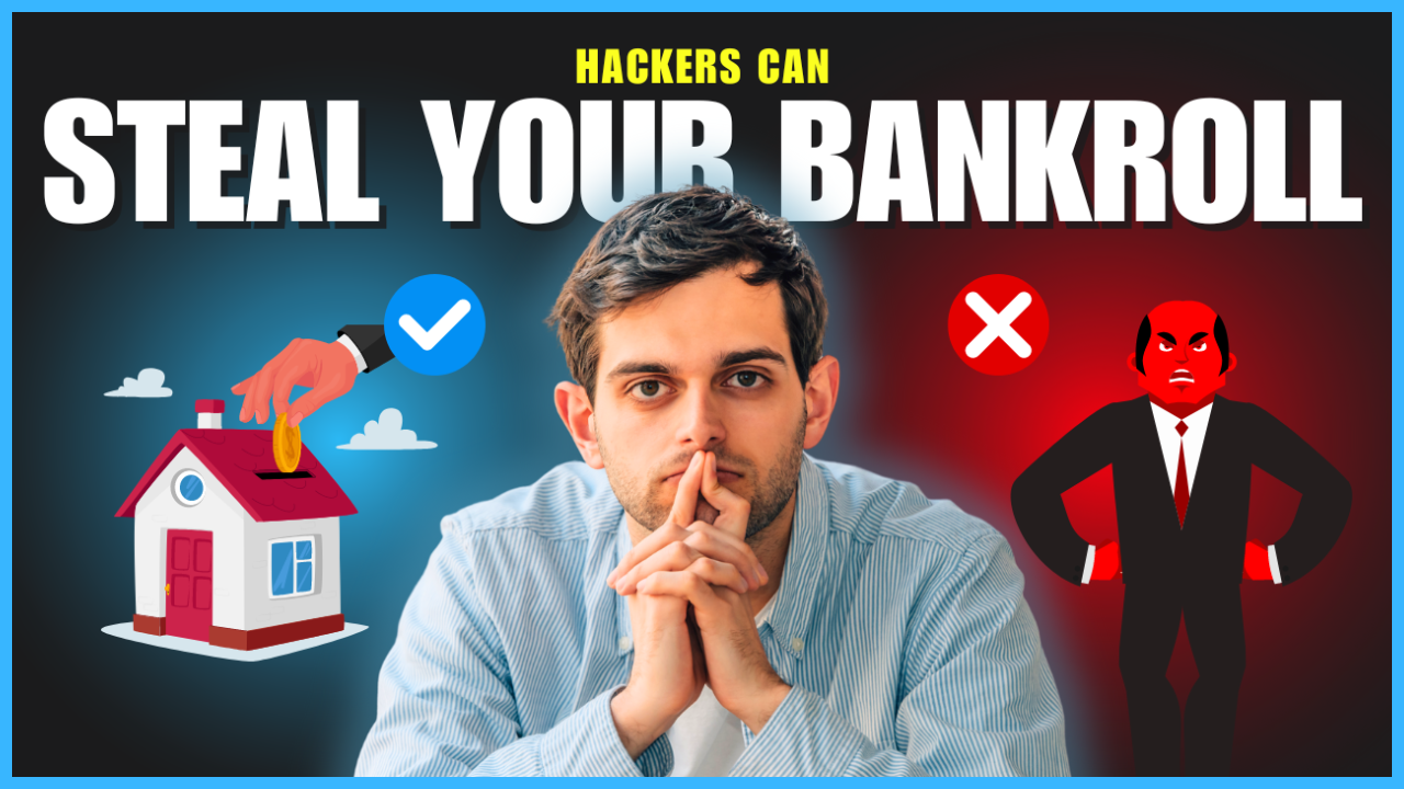 Concerned business owner thinking about the dangers of hackers stealing money, with visuals representing a safe investment and a dangerous hacker.