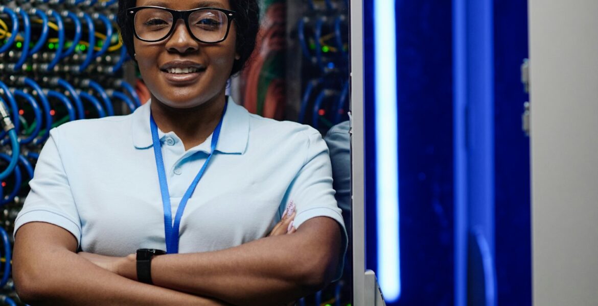 Engineer working in big cloud computing server